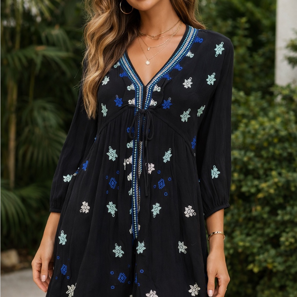 Free People Black and Blue Embroidered Dress